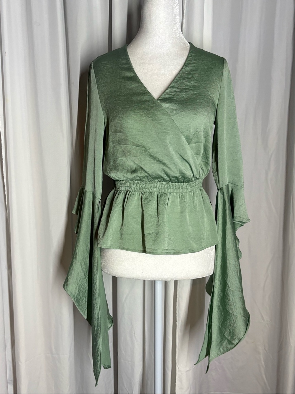 Express Sage Green Draped Bell Sleeve Wrap Top Size XS